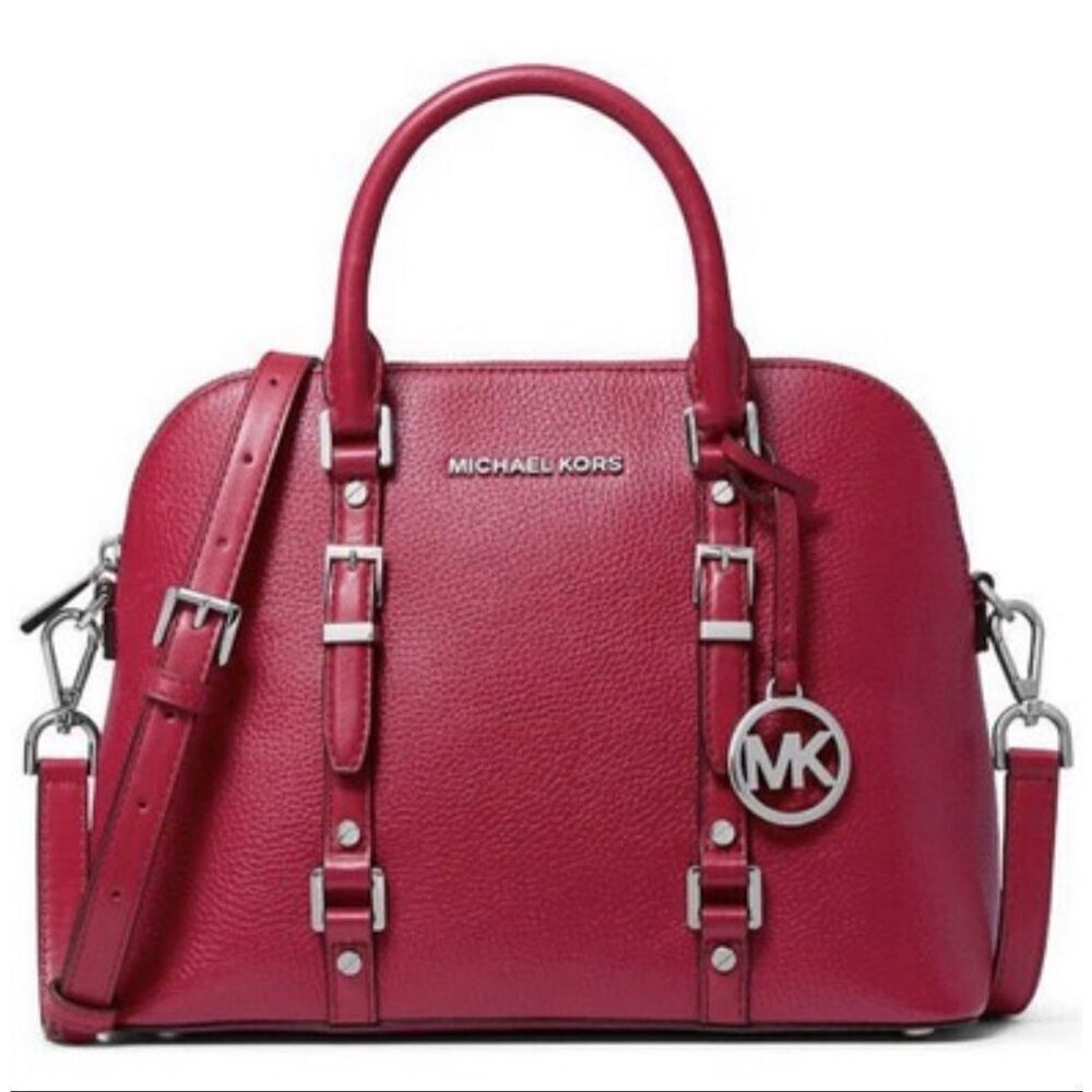 Michael Kors MK Bedford Legacy Dome Satchel Purse Bag Red pebbled leather